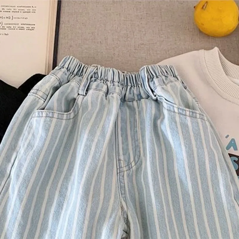  소년 소녀 면 데님 스트라이프 바지  아동 청바지 바지 패션 봄 가을 여름  옷 1-5Y