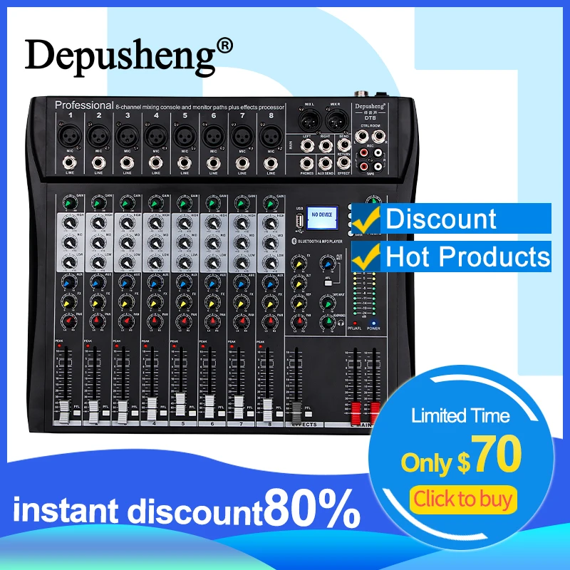 Professional Audio Sound Mixer Depusheng DT8 8/12 Channel Bluetooth USB 48V Phantom Mixing Console for PC DJ Amplifier Karaoke professional audio sound mixer depusheng dt8 8 12 channel bluetooth usb 48v phantom mixing console for pc dj amplifier karaoke