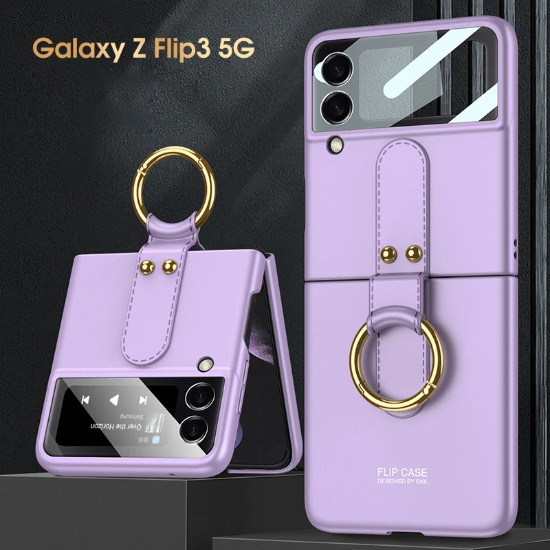 Case with Strap for Z Flip 3 Holder PC Case for Samsung Z Flip 3 Film Phone Cover All-in-one Solid Color Mobile Protective Shell samsung cute phone cover Cases For Samsung