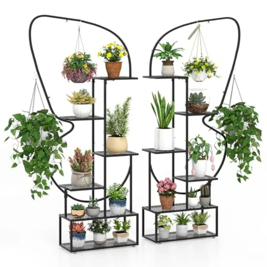 2 Pack 6-Tier Plant Stand Indoor Butterfly-Shaped Metal 73" Tall Ladder Plant Shelf w/ 4 Hanging Hooks Outdoor Flowerpot Displa