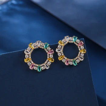 Women Jewelry Sparkling Cubic Zirconia Paved Round Stud Earrings with Multicolour Stones CE12089