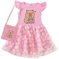 Vêtements Capybara mignons pour enfants, robe de soirée de mariage en dentelle, robes décontractées à manches courtes avec petit sac pour enfants 1