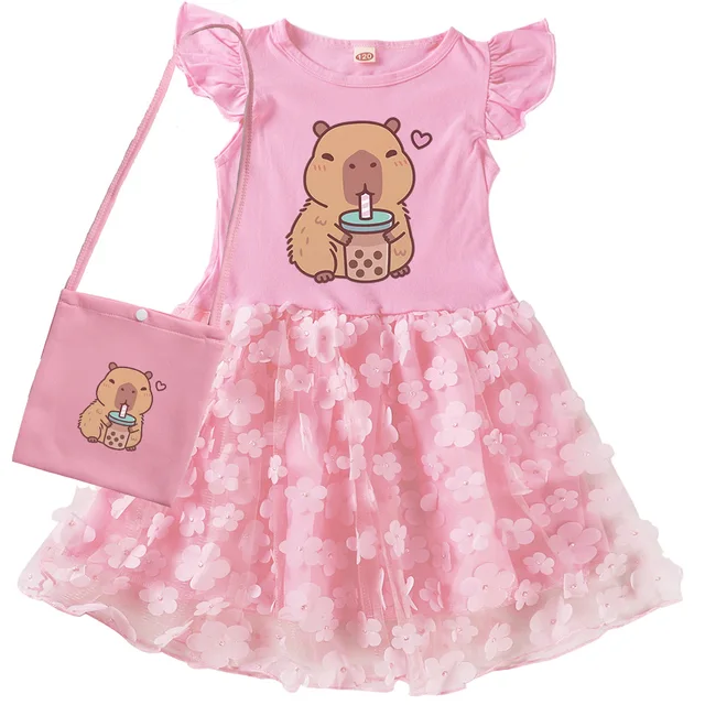 Vêtements Capybara mignons pour enfants, robe de soirée de mariage en dentelle, robes décontractées à manches courtes avec petit sac pour enfants 1