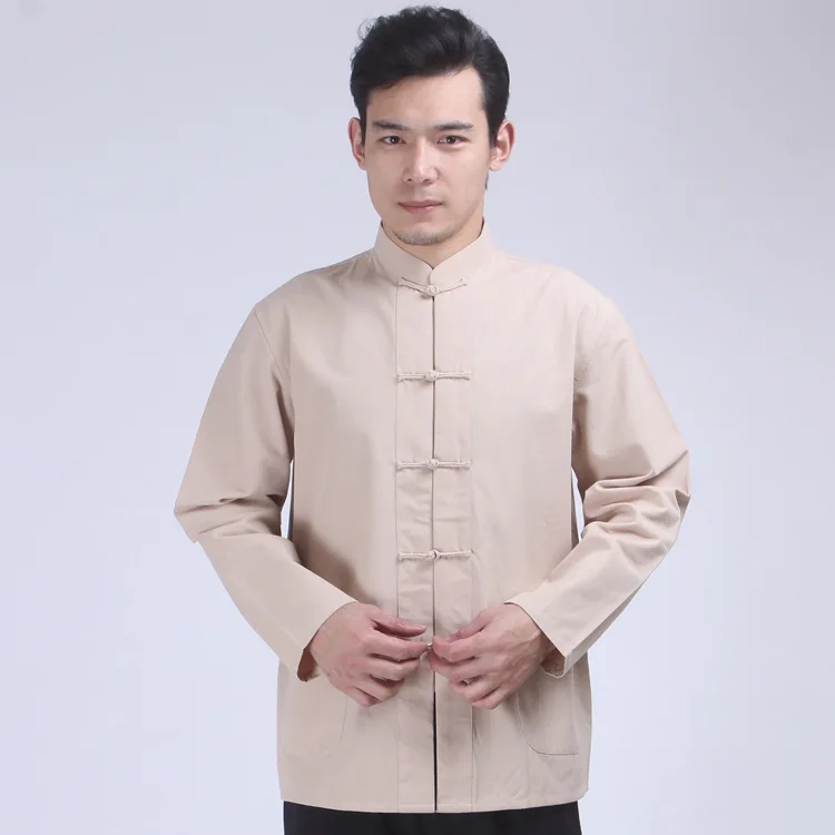 Vintage Hanfu Jacket Coat Men Long Sleeve Hand Button Cheongsam Kong Fu Clothes Zen Tops Chinese Stand Collar Tang Cloth