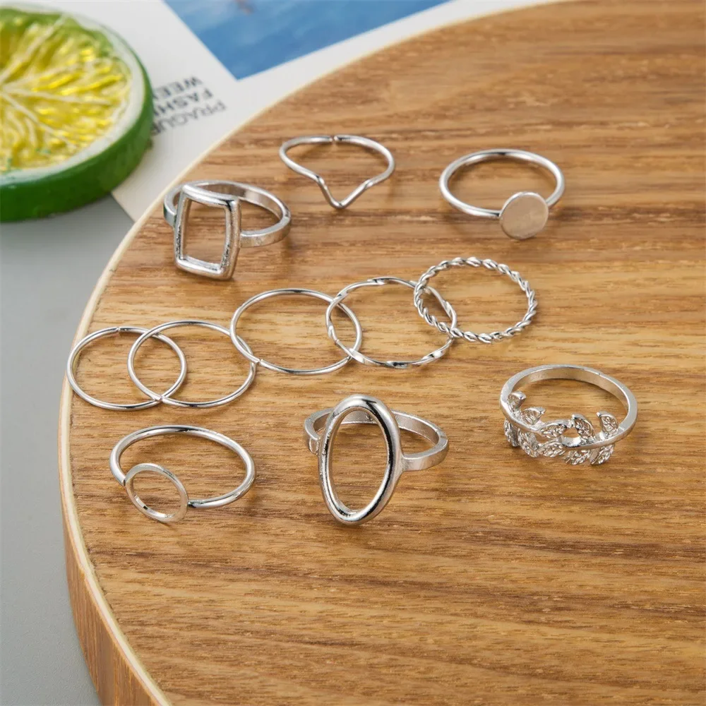 Fashion Creative Geometric Leaf Wave Hollow Ring Set 11 Pcs For Women Men Simple Knuckle Ring Charm Wedding Party Jewelry