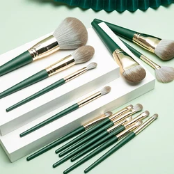 Complete 14 - Piece Soft Hair Makeup Brush Set for Beginners - Includes Powder, Blusher, Eye Shadow, and Concealer Brushes (14pcs Green)