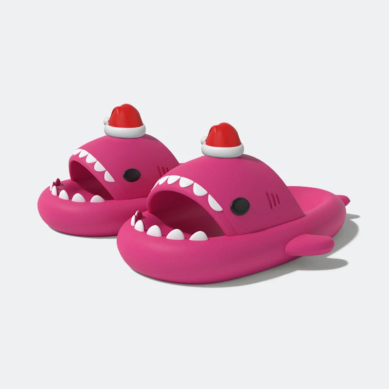 Cute Red Hat Christmas Party Shark Slippers Women Men Indoor Bathroom Shoes 4CM Thick Sole Anti-slip Couples Beach Street Slides 4