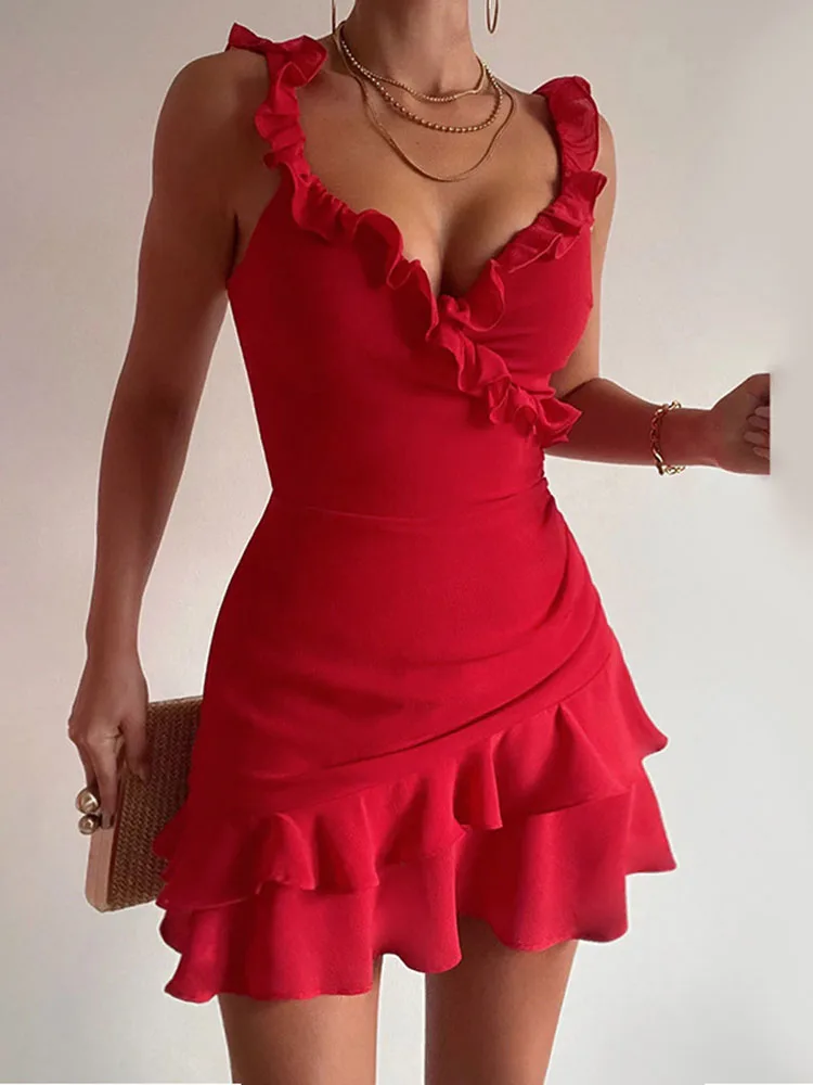 

Tossy Fashion Ruffled Strapless Mini Dress Women Sleeveless V-neck Stitching Solid Color High Waist Sexy Party Slin Mini Dress