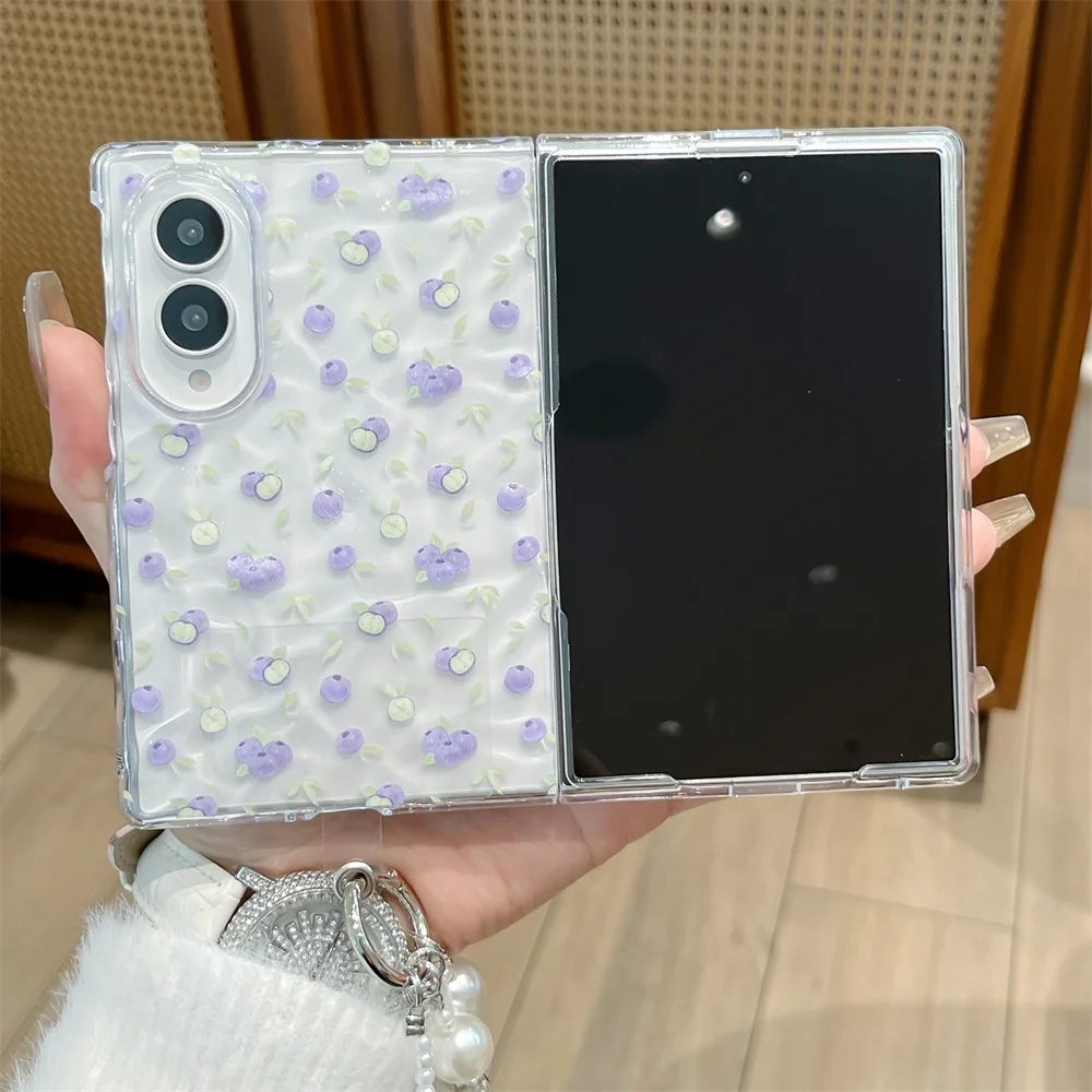 Cute Purple Blueberry Print Wavy Glitter Clear Phone Case with Pearl Wrist Strap