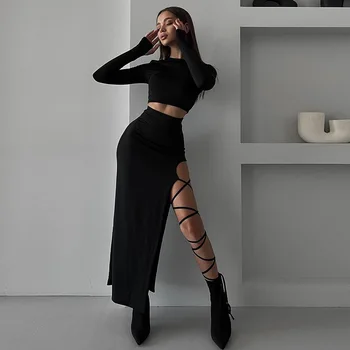 Fashionable and sexy women's autumn new solid color casual long-sleeved round neck top slim strap slit skirt suit 1