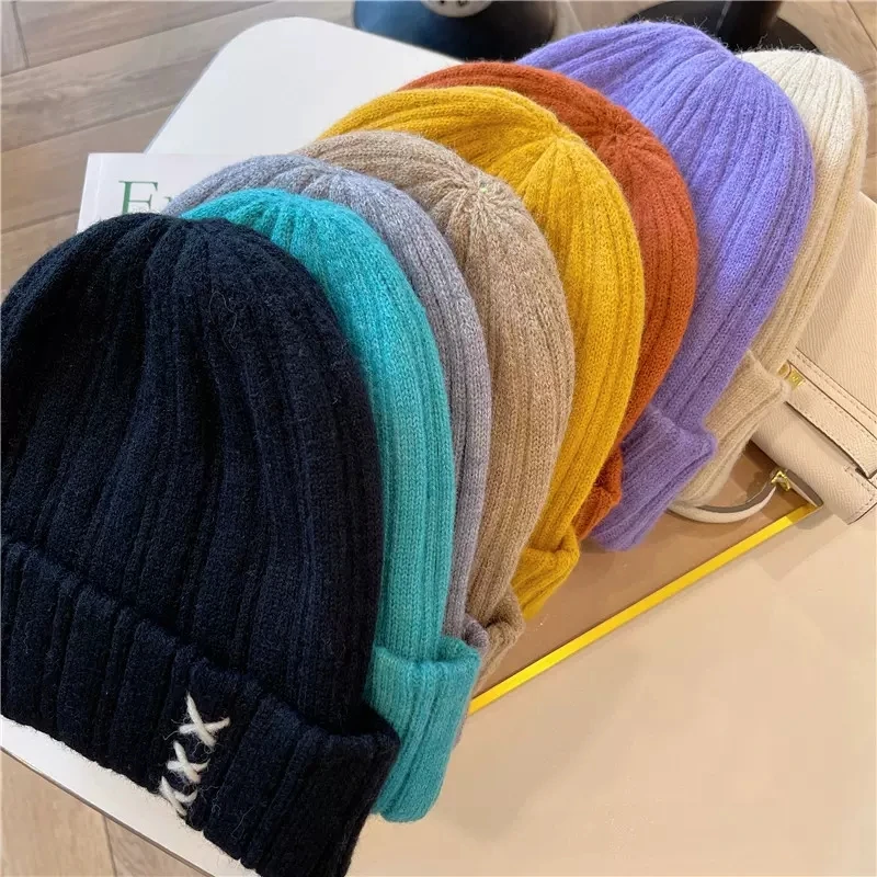 Men Women Winter Autumn Solid Color Warm Knitted Hat Cuffed Beanie Hat Female Caps Warmer Bonnet Casual  Hats 5