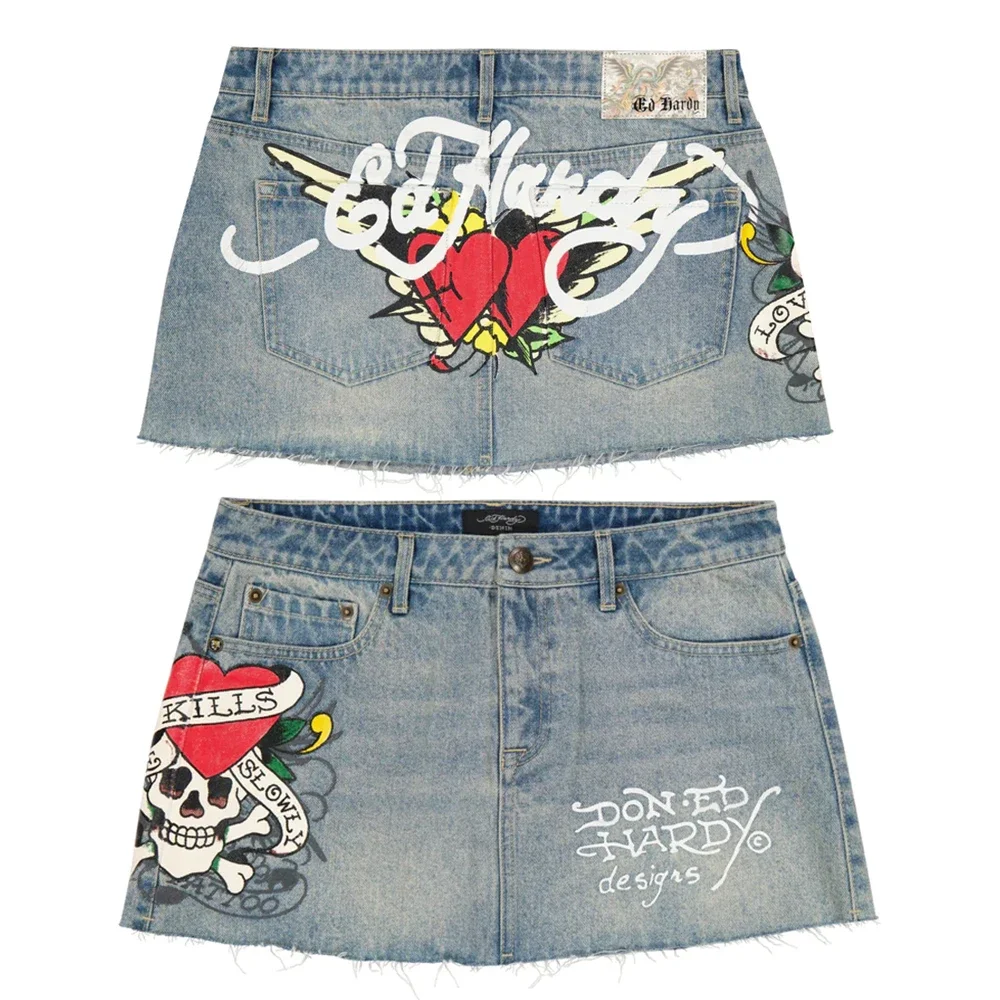 Women Solid Denim Skirt Y2k Skirt Womens Hip Hop Letter Print Vintage Blue Denim Skirt Hot Girl Hotsweet Fashion High Waist Slim Gothic Mini Short