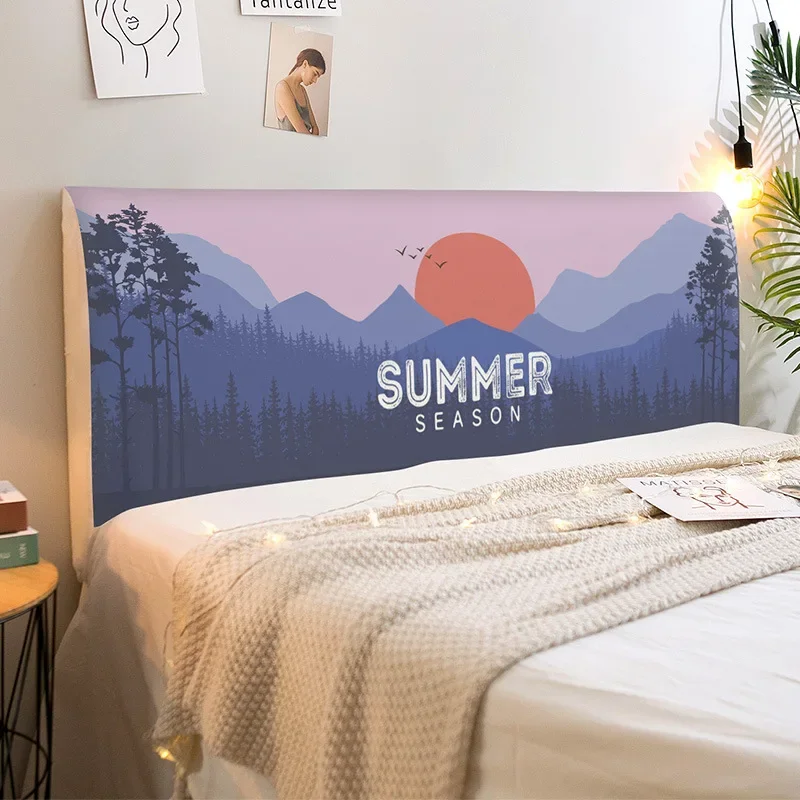 Cartoon Summer Sunset Universal All-inclusive Furniture Bed Head Cover Print Dust-Proof Bedroom Sofa Bed Headboard Slipcover