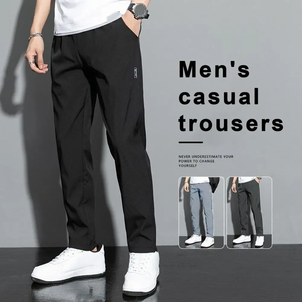 Men Pants Straigtht Thin Soft Breathable Mid Waist Trousers Stretchy Quick Dry Loose Pockets Solid Color Men Long Trousers