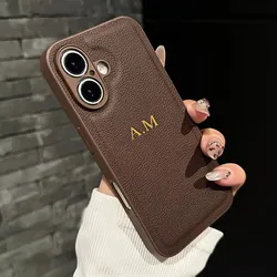 Personalized Luxury Leather Phone Case with Custom Name - Premium Protective Back Cover - iPhone 15 Plus (Coffee)