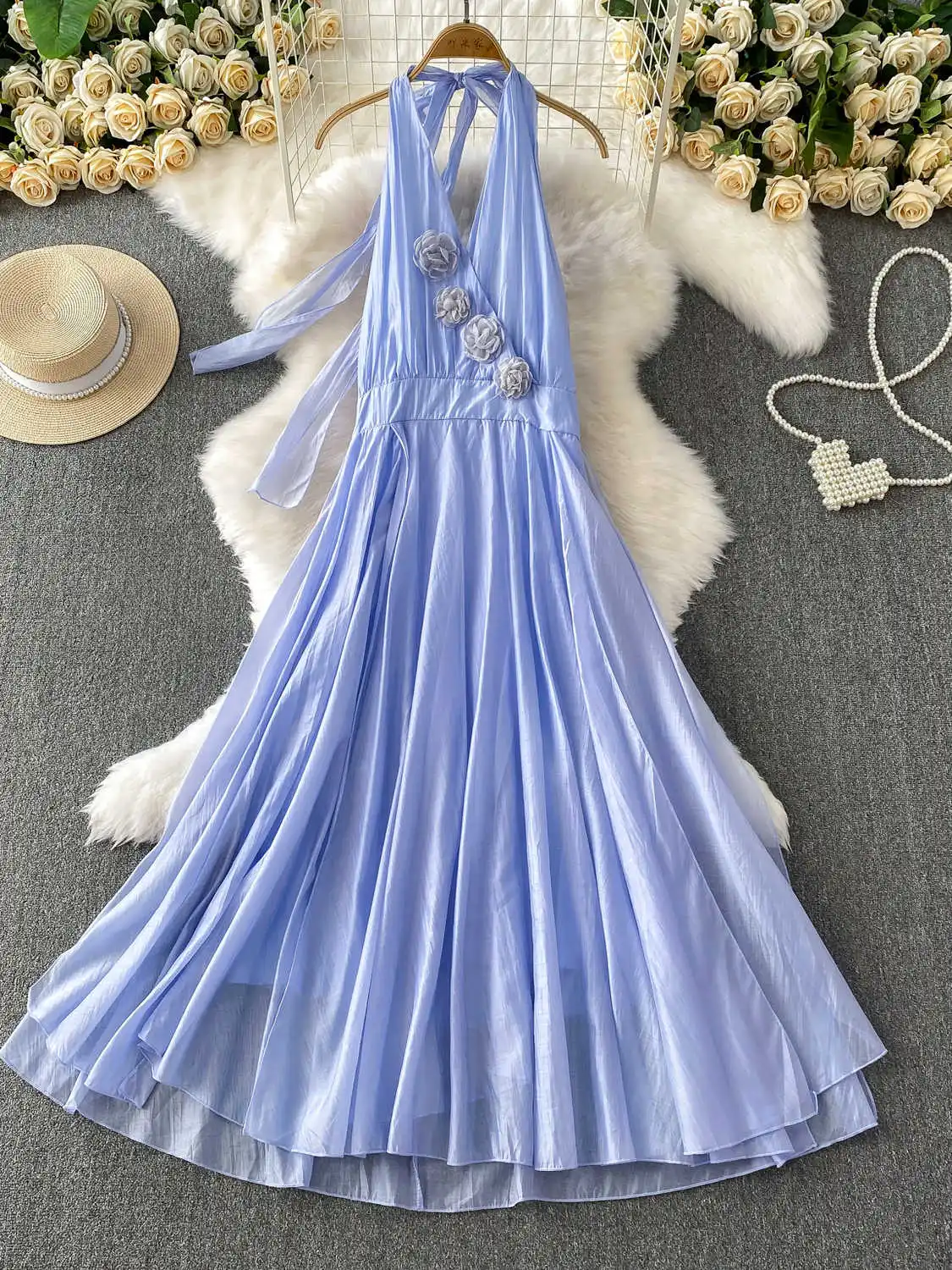 Women Light Blue A-line Dress Vintage Sleeveless 3D Floral Deep V Luxury  Dress Elegant Y2k One Piece Frocks 2000s Clothes Summer - AliExpress  200000345