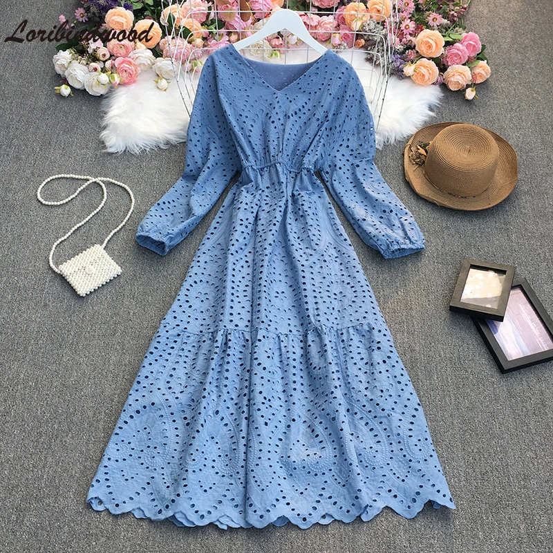 

2022 Spring Autumn Women Vintage Embroidery Hollow Out Long Sleeve Dress Loose Lady Sweet V-neck High Waist A-line Dresses