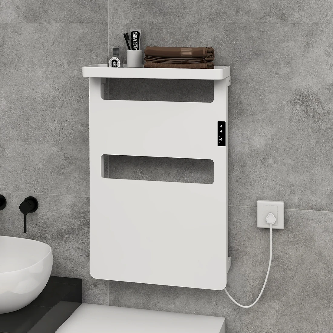 เครื่องอุ่นผ้าเช็ดตัวพร้อมชั้นเก็บของ ราวแขวนผ้าเช็ดตัวไฟฟ้าแบบอุ่น 1