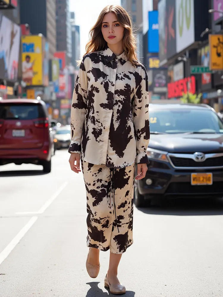 HH Women Vintage Print Blouse Skirts Sets Lapel Long Sleeve Shirts High Waist Slim Straight Midi Skirt Summer Lady Outfits