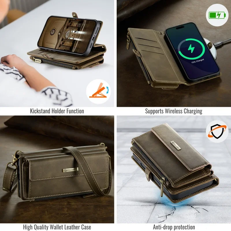 CaseMe Lanyard Leather Zip Wallet Card Phone Case with Crossbody Cover