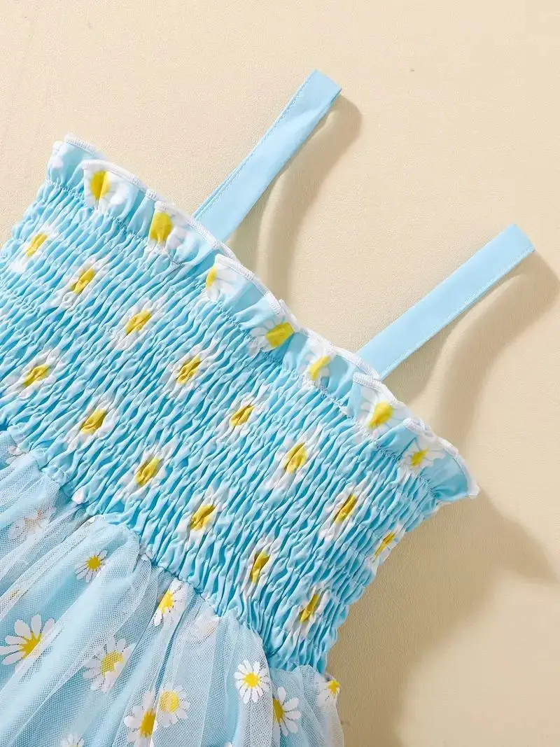 Girls Dress Infant Toddler Cartoon Daisy Pattern Shirred Casual Mesh Cami Summer