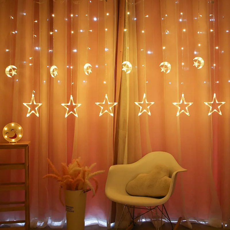 

220V EU Star Moon Curtain LED String Lights Bedroom Holiday Wedding Christmas Decoration Home Fairy Garland New Year Party Lamp