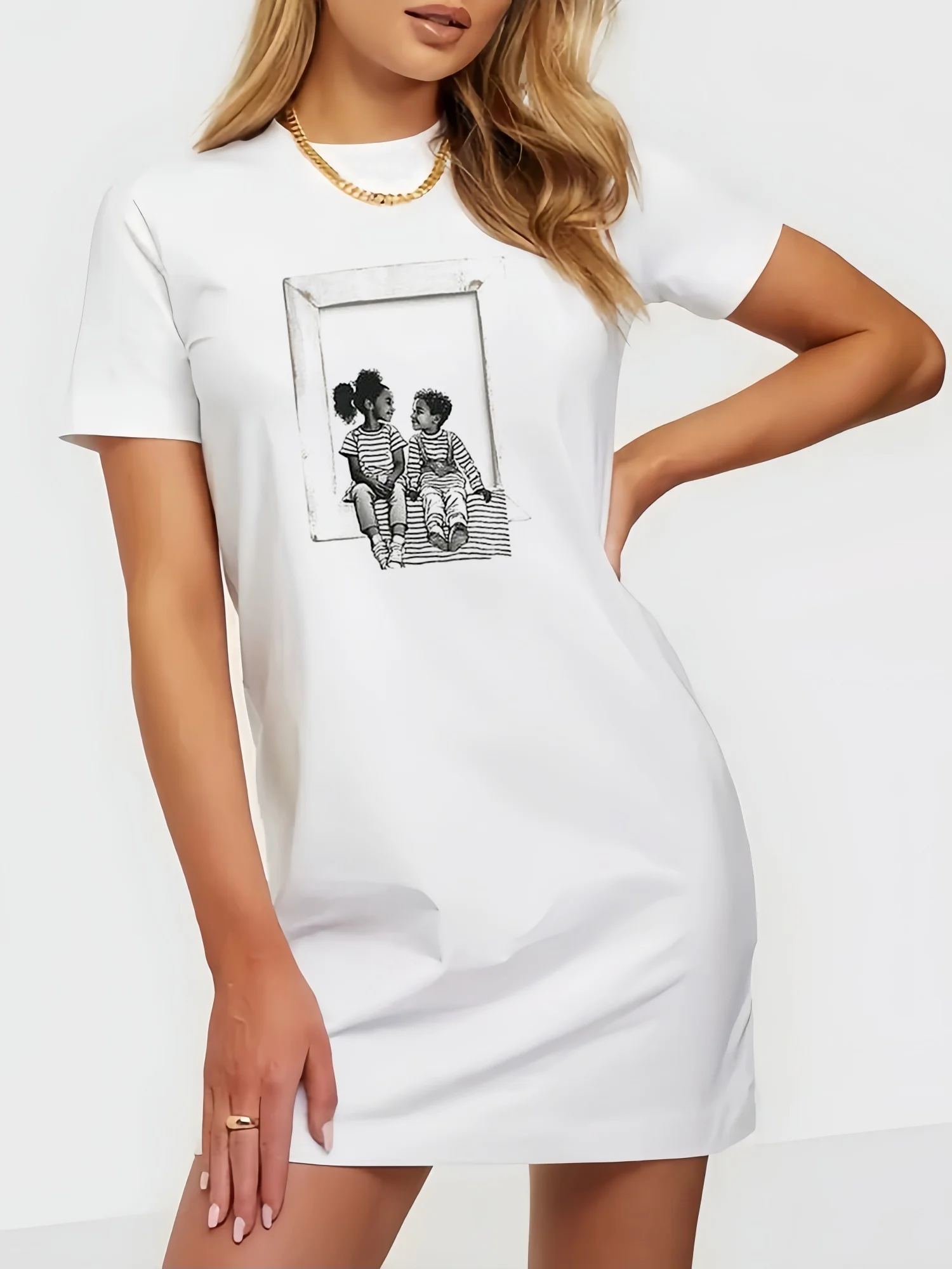 

Cute Children Happy Childhood Print Casual Dresses for Women T Shirt Short Dress Summer New