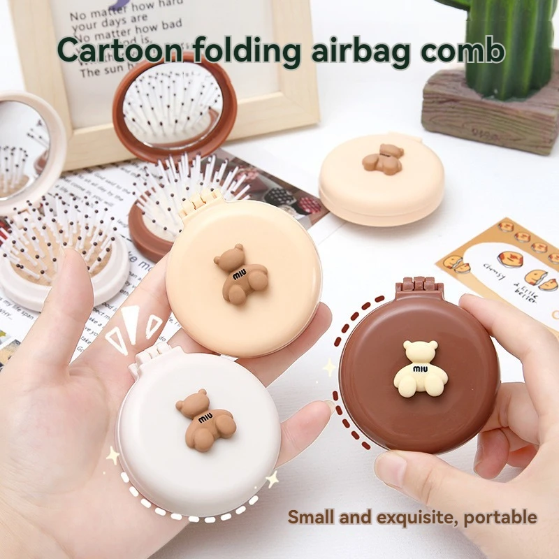 Cute Cartoon Little Bear Folding Comb For Little Girls Portable Mini Air Cushion Comb Massage Small Mirror Integrated