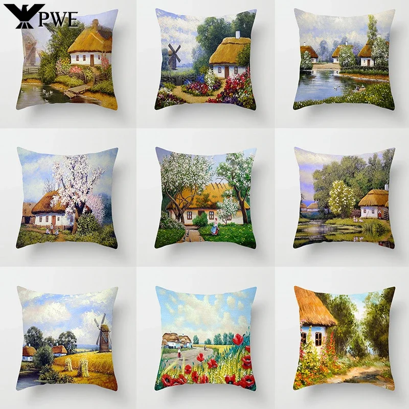 

Retro American Country Oil Painting Landscape Pillowcase Home Decoration Pillowcase Office Sofa Seat Cushion Cover