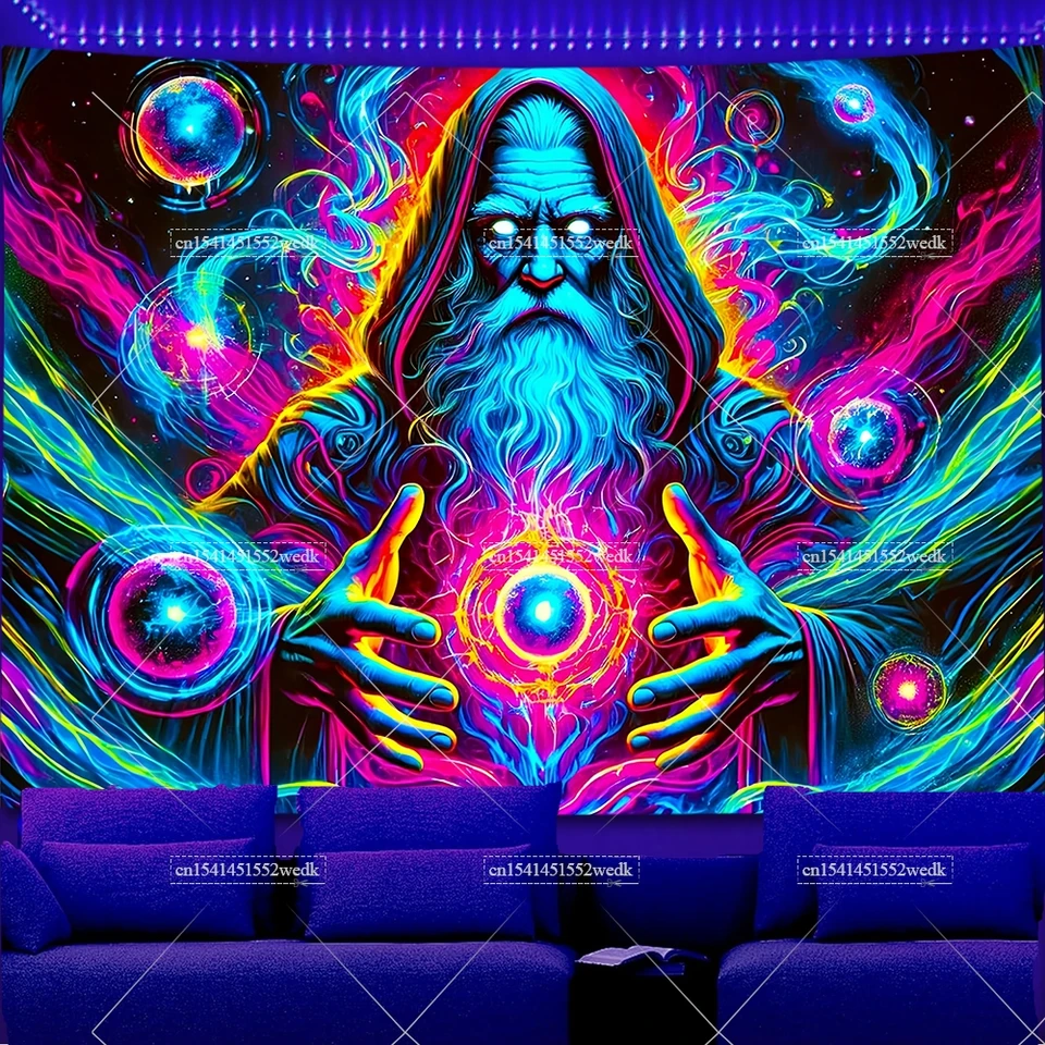 UV Reactive Music Wizard DJ Blacklight Tapestry Neon Jellyfish
