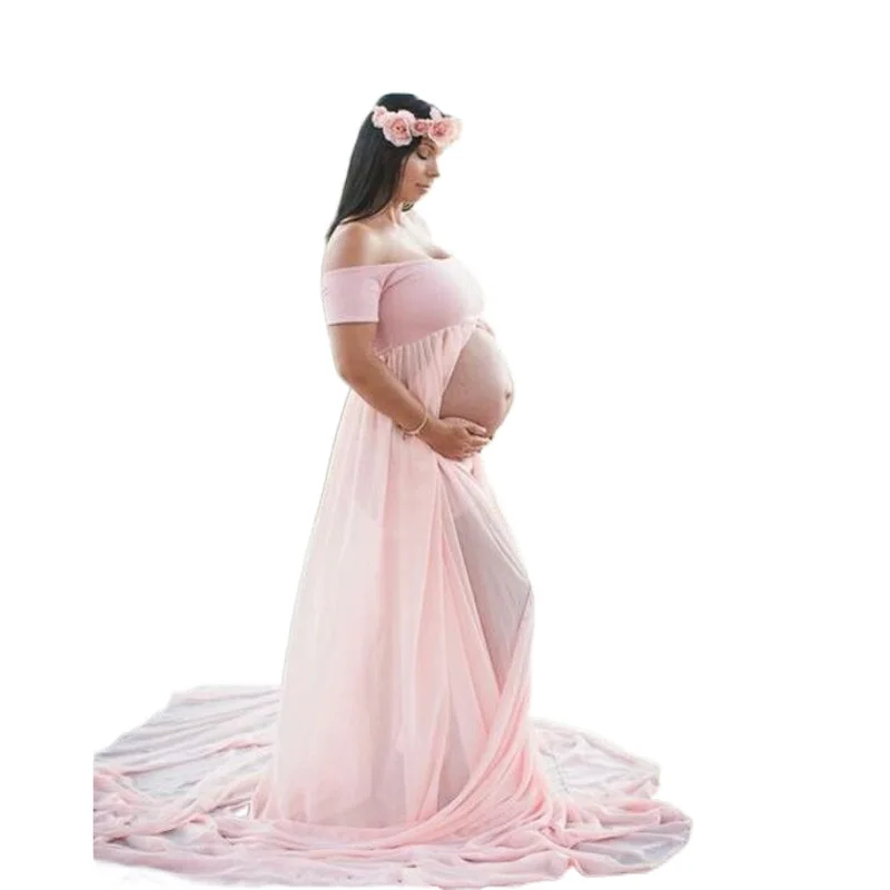 

Maternity Off Shoulder Chiffon Gown for Photoshoot Photography Split Front Maxi Pregnancy Maxi Dress for Baby Shower