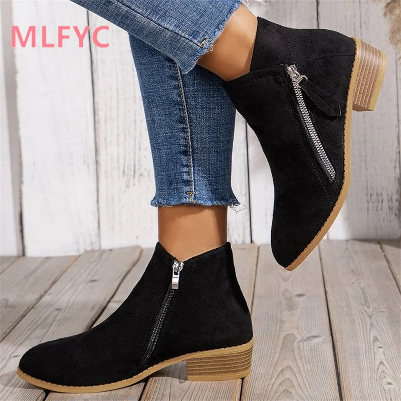 Round toe low heel side zipper fashion boots New European and American fashion short boots women's shoes