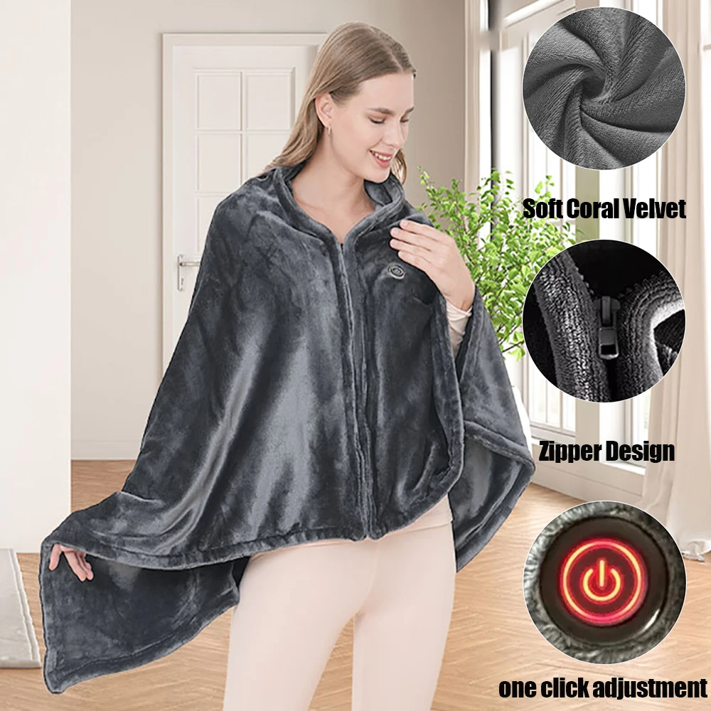 Wearable Heating Electric Blanket Shawl 3 Heated Level Throw Blanket 5v USB Charging Coral Velvet 8 Heated Areas Fast Heating electric heating blanket