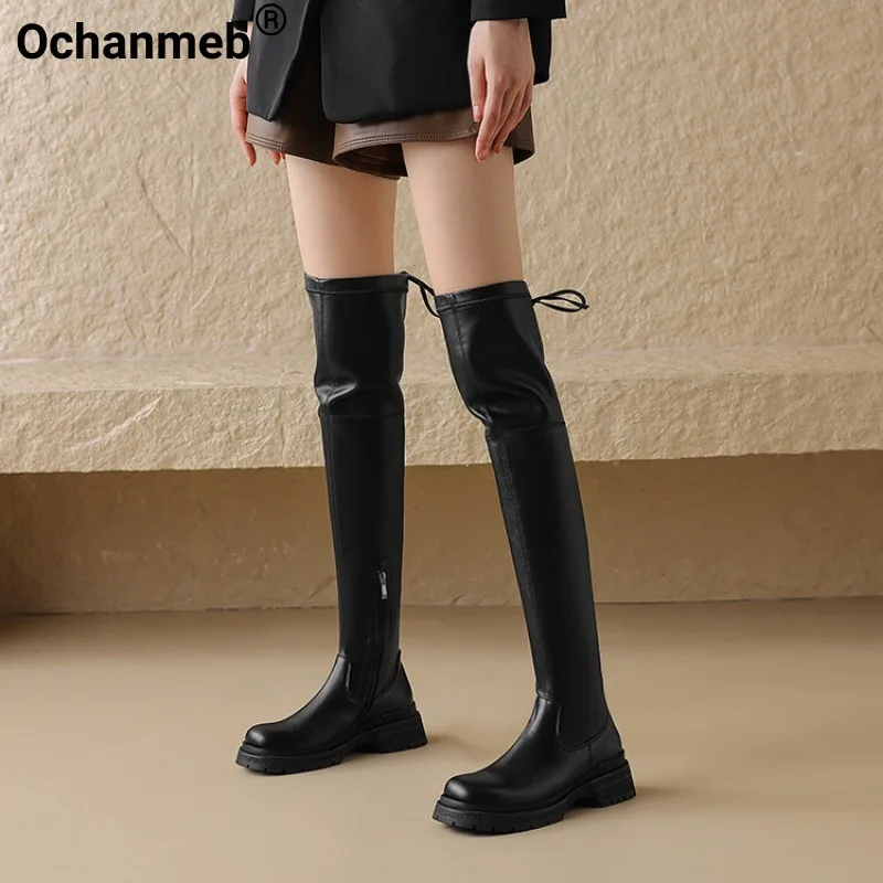 

Ochanmeb Women Stretch Suede Leather Over the Knee Boots Zipper Shoes Autumn Winter Ladies Chunky Heel Thick Sole Thigh Boots 42