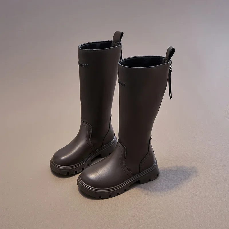 2025 Girls High Boots Knee-high Long Boots Fashion Autumn Winter Kids Motorcycle Boots Simple Chic Classic Zipper Rubber Shoes