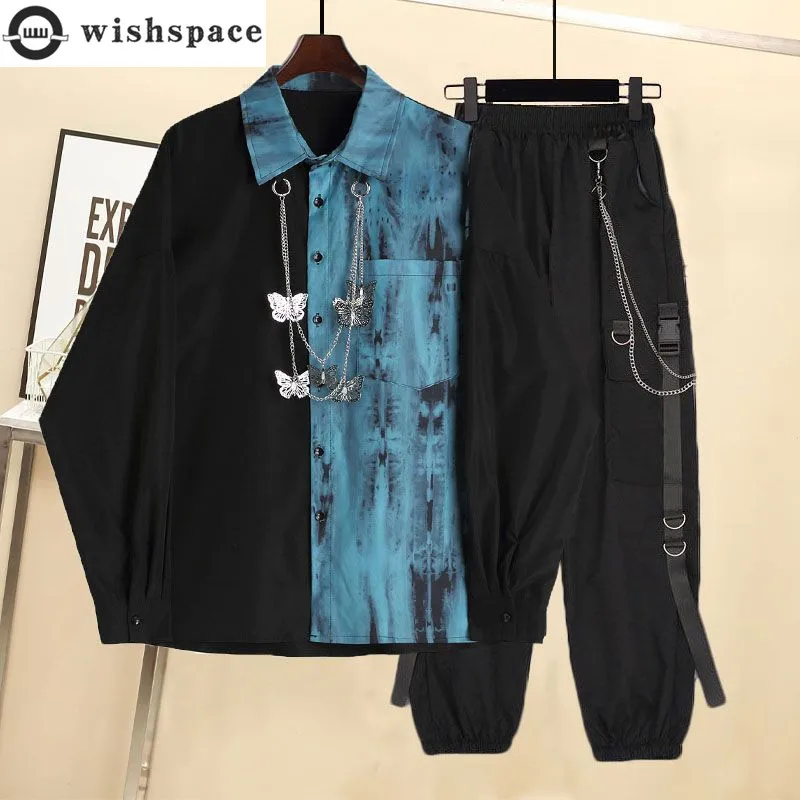 Korean Style Loose Fitting Long Sleeved Tie Dyed Shirt Hip-hop Style Pants Two-piece Punk Street Dance Boy Pants Set Outfits