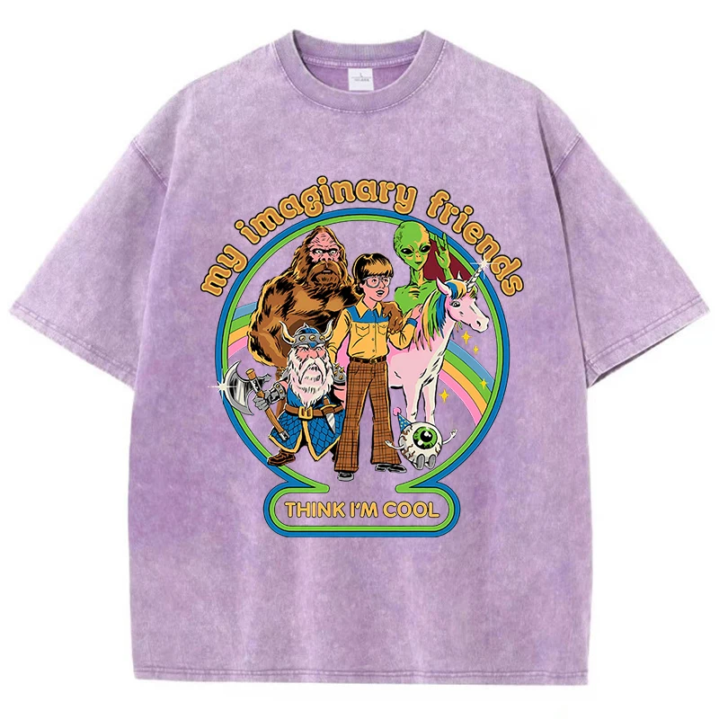 My Imaginary Friends Think I'M Cool Washed Retro Men T-Shirt Soft Casual Oversize T-Shirt Cotton Tee Clothes Summer Loose Tshirt