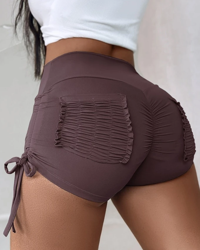 Women's Shorts 2024 Summer Solid Color Pocket Strap Pleated Drawstring Tie Knot Side Running High Waist Yoga Exercise Shorts