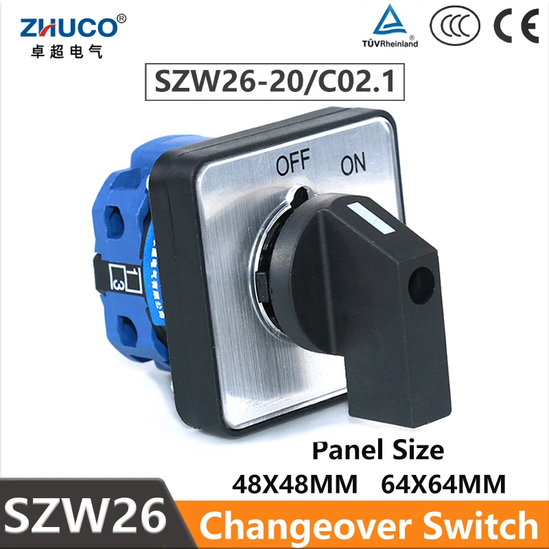 ZHUCO SZW26/LW26-20 20A 660V ON OFF 2 Positions 1 P 4 Screws Universal Rotary Changeover Cam Switch 64X64mm 48X48 mm Panel
