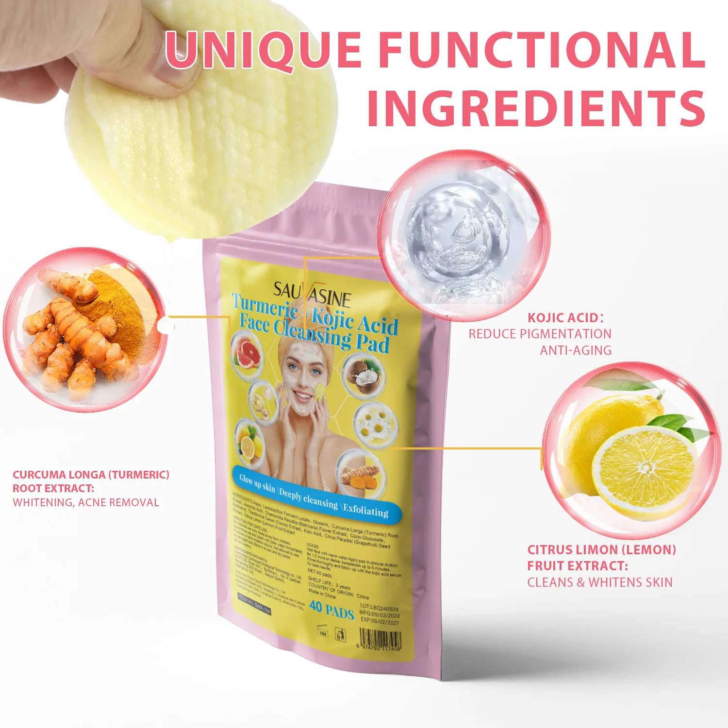 Turmeric Kojic Acid Facial Cleansing Pads Exfoliante Facial Pads Deep Cleansing Clogged Pores Excess Oil Dirt Dead Skin Care 4