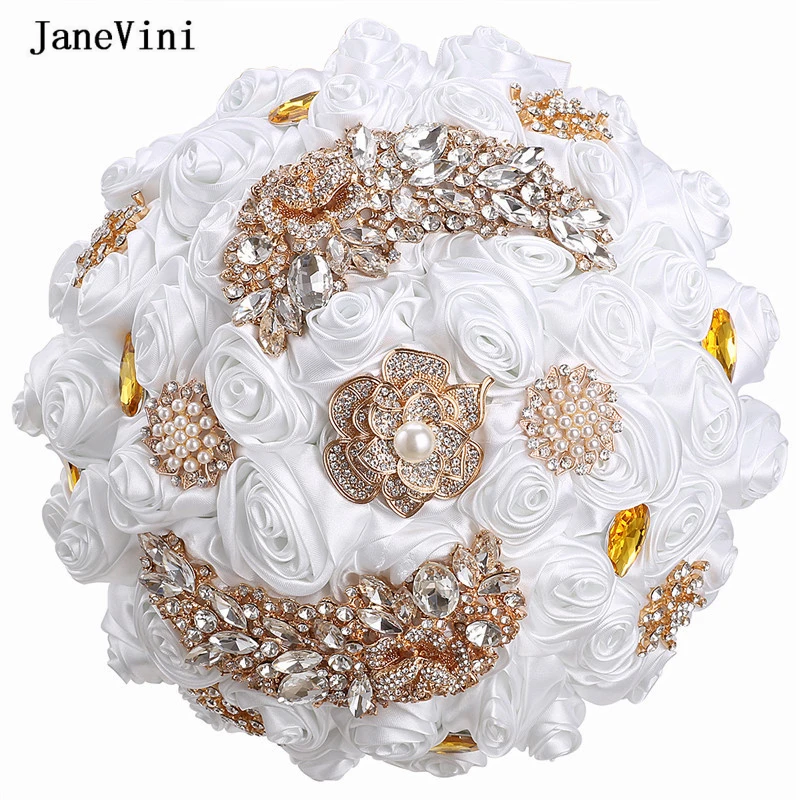 

JaneVini White Ribbon Flowers Stunning Pearls Bridal Bouquets Gold Rhinestone Artificial Roses Fake Bouquet Wedding Accessories