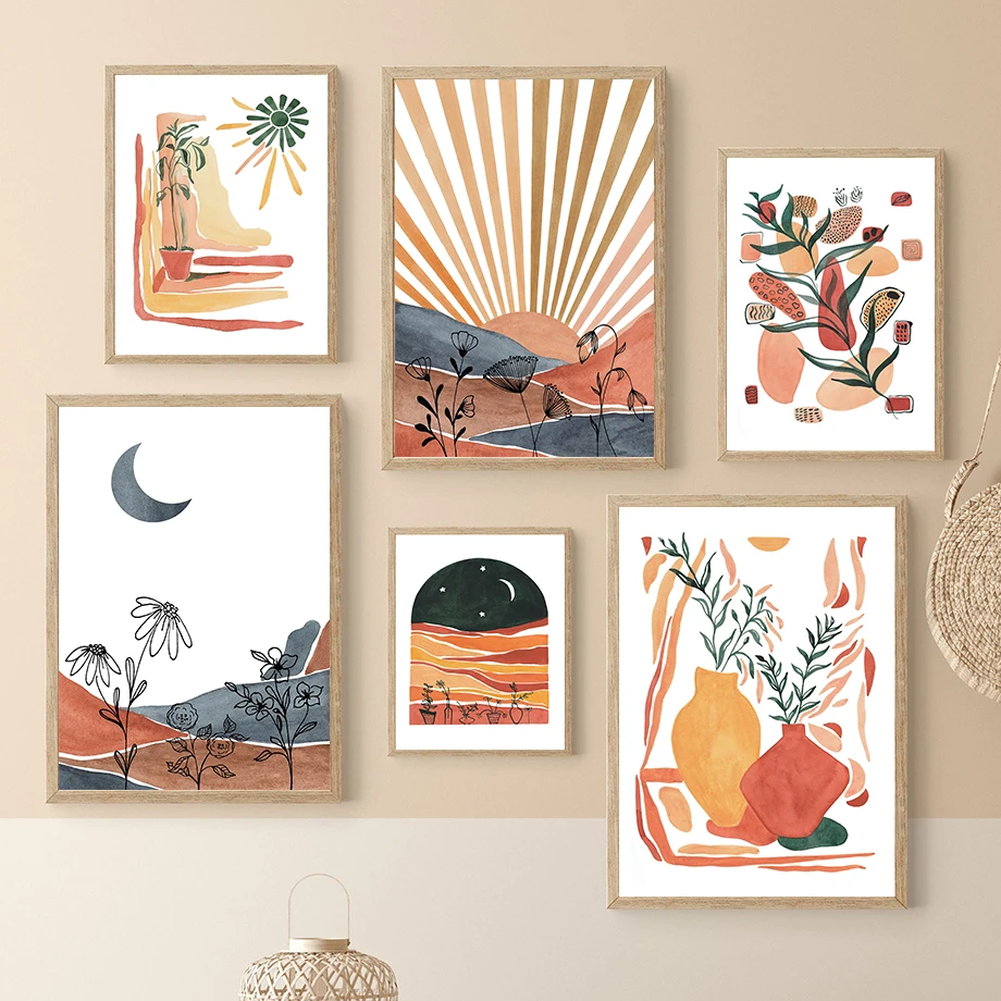 Mountain Sun Moon Flowers Piante Foglie Poster E Stampe Pittura Su Tela Nordic Wall Art Pictures For Living Room Home Decor