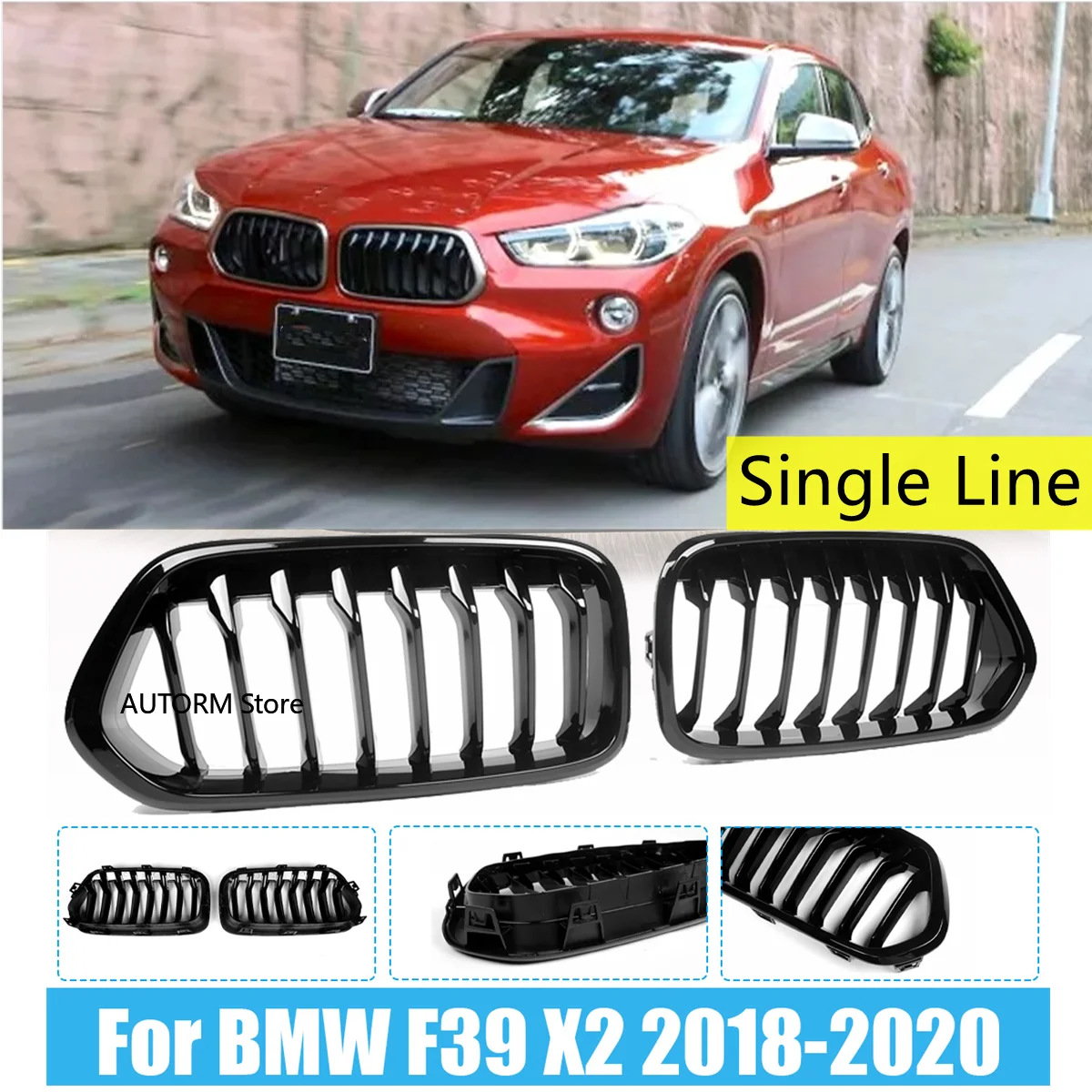 Автомобильный передний бампер Gloss Black 2018-2020, однолинейная решетка радиатора для BMW F39 X2 M35i xDrive20d xDrive28i sDrive20i, решетка капота