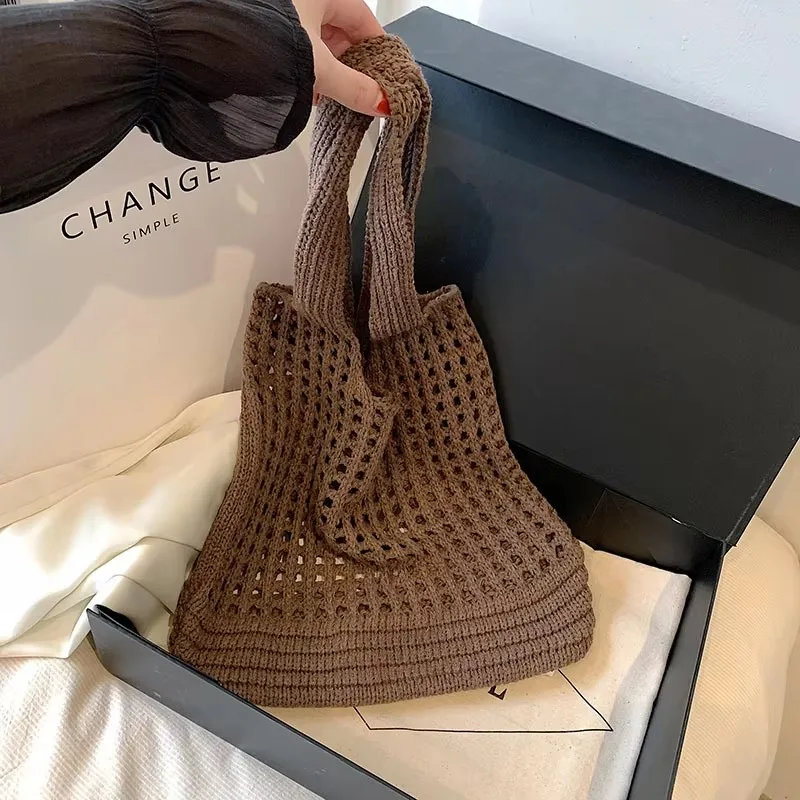 Vintage Large Capacity Shoulder Bag Woven Knitted Underarm Handbag Women's Summer Beach Travel Tote Hollow Shopper for Ladies