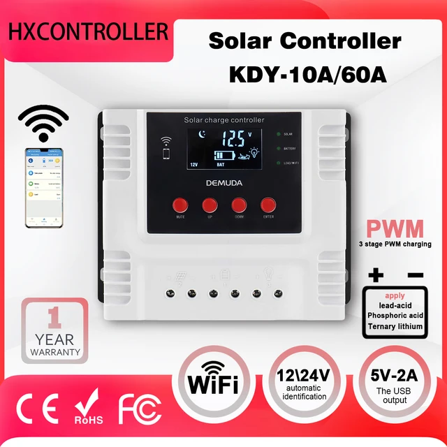 Smart Solar Charge Controller 100VDC WiFi App Control for 12V/24V/48V 10A 20A 30A 40A 50A 60A Lithium and Lead-Acid Batteries