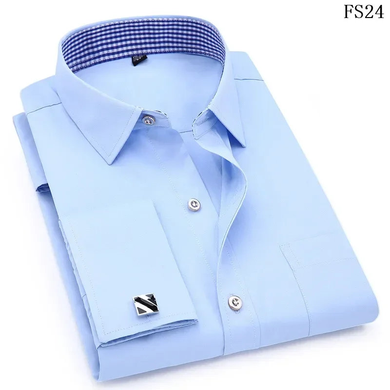 Large size Men French Cufflinks Shirts White Collar Design Solid Color Jacquard Fabric Male Gentleman Dress Long Sleeves Shirt