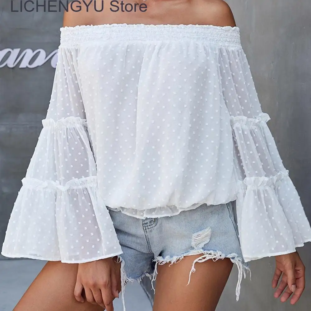 

New Summer Slash Neck Chiffon Blouse Polka Dot Flare Long Sleeve Bandage Tops Pullover Loose Casual Streetwear Sexy Ladies Tops