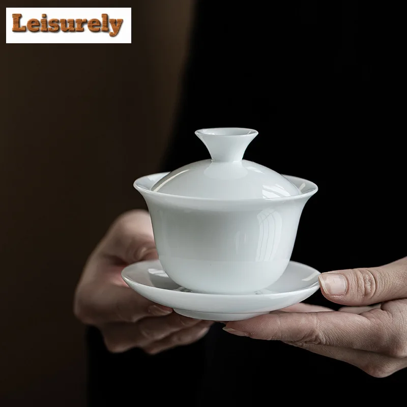 115ml Iced Jade Porcelain Gaiwan Ancient Dehua White Three Talent Tea Tureen Tea Brewing Cover Bowl Tea Services Decoration