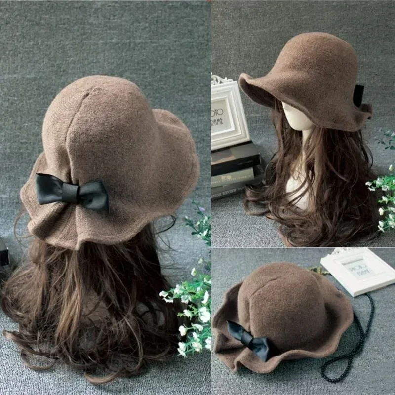 Autumn Winter Fedoras Women Hat Elegant Vintage Bowknot Wool Ladies Hat Dome Felt Wedding Church Jazz Cap Female Bow Bowler women hat