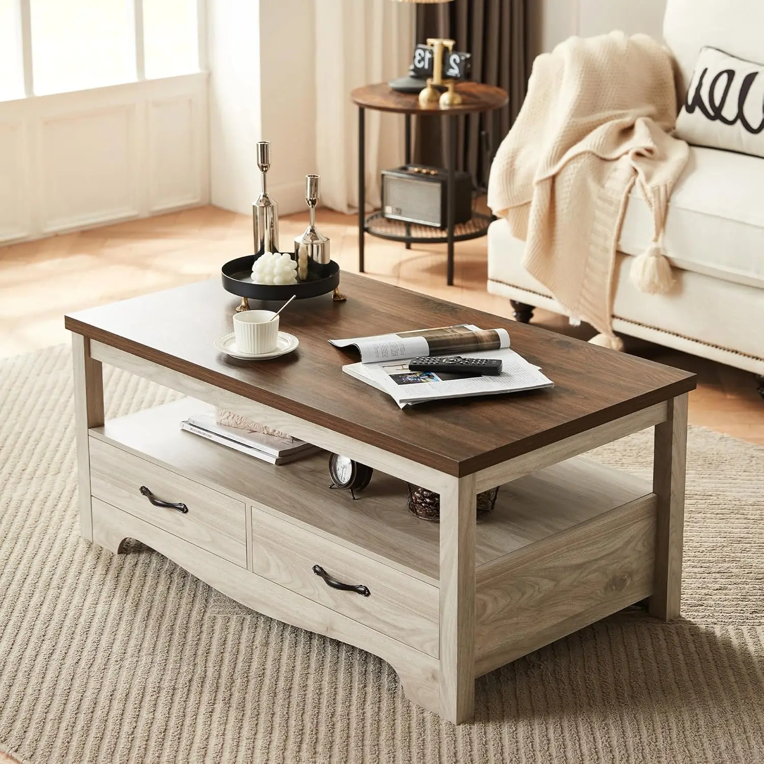 Farmhouse Coffee Table with Storage, Wood Coffee Table for Living Room, Open Display Area and Storage Drawers